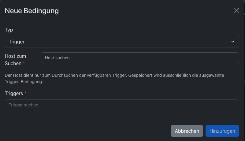 Alternative Ansicht des Modals Neue Bedingung mit Trigger- und Hostauswahl