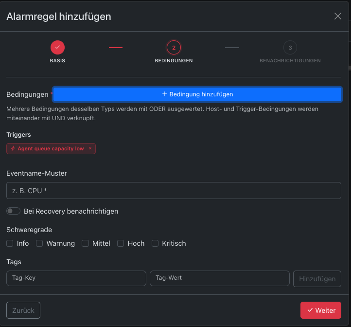 Alarmregel-Wizard Schritt 2 Bedingungen