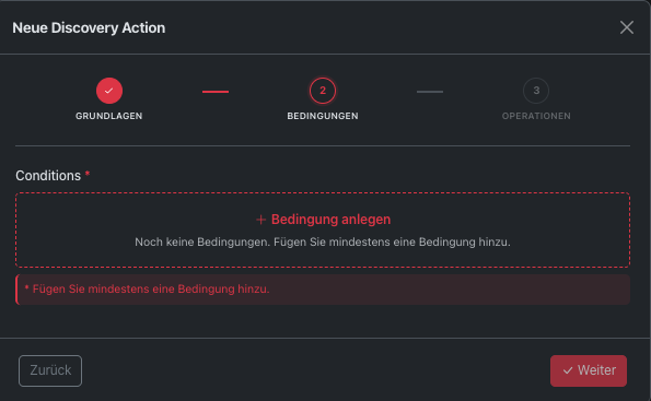 Wizard für eine neue Discovery-Aktion im Schritt Basis