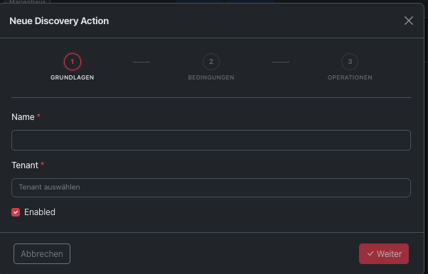 Wizard für eine neue Discovery-Aktion im Schritt Operationen