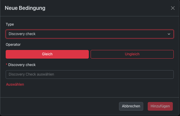 Wizard für eine neue Discovery-Aktion im Schritt Bedingungen