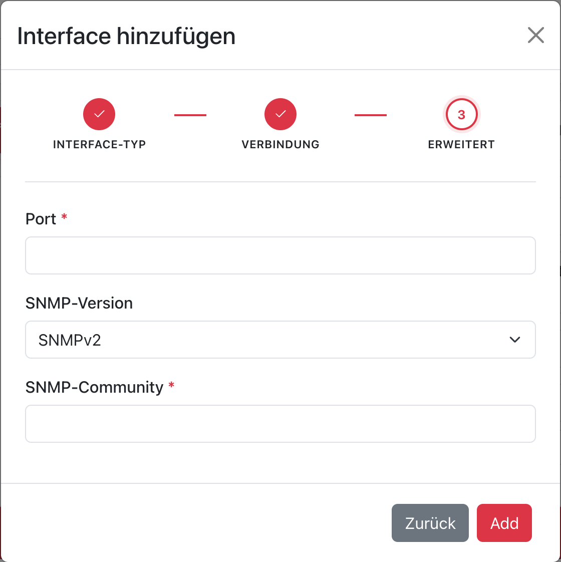 Add Interface Wizard Schritt 3 Erweitert SNMP