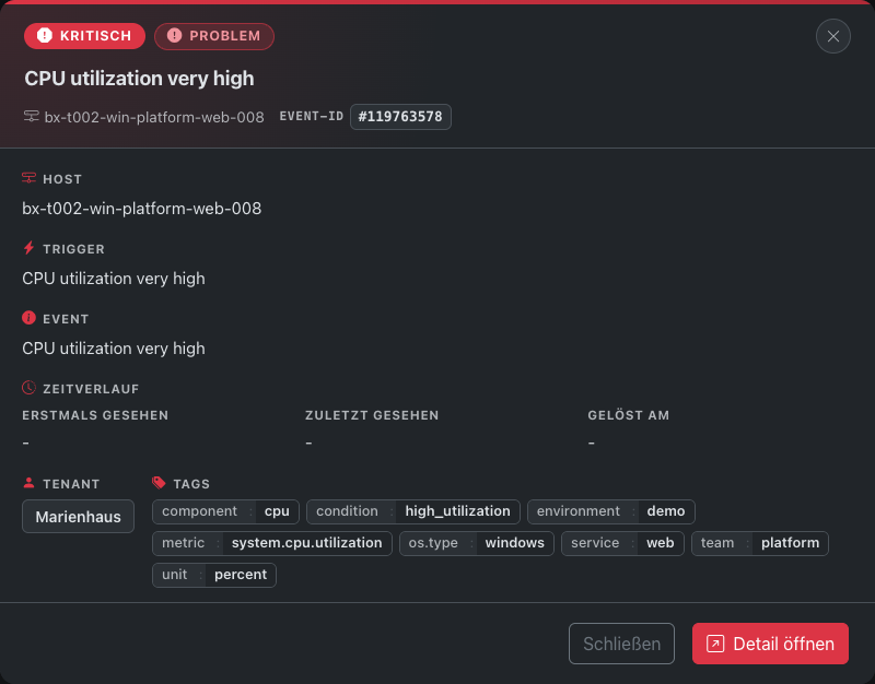Quick-Modal mit den wichtigsten Informationen eines Problems