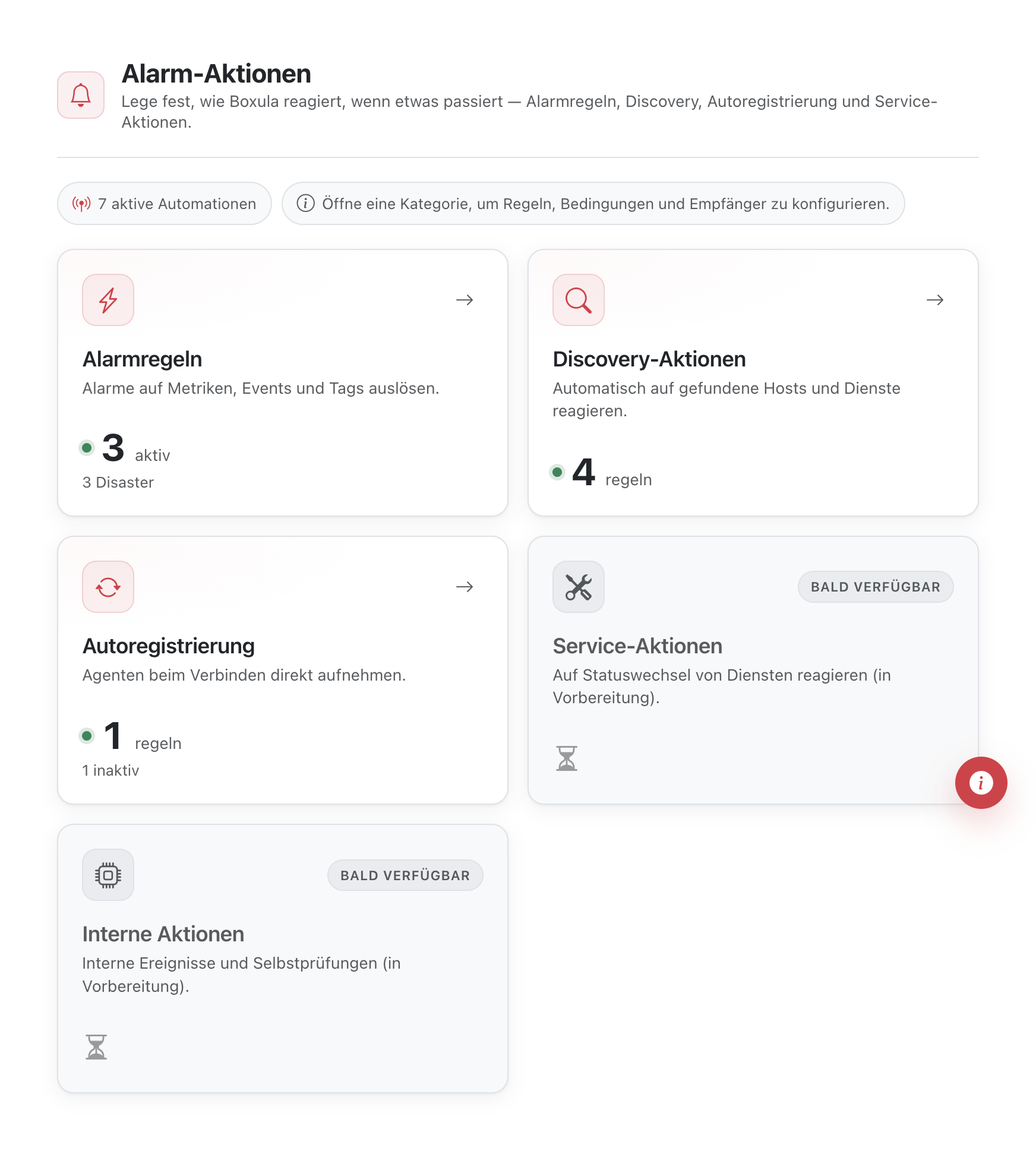 Authentifizierter Aktions-Hub mit Laufzeit-Zusammenfassung und verfügbaren sowie als Coming Soon markierten Bereichen