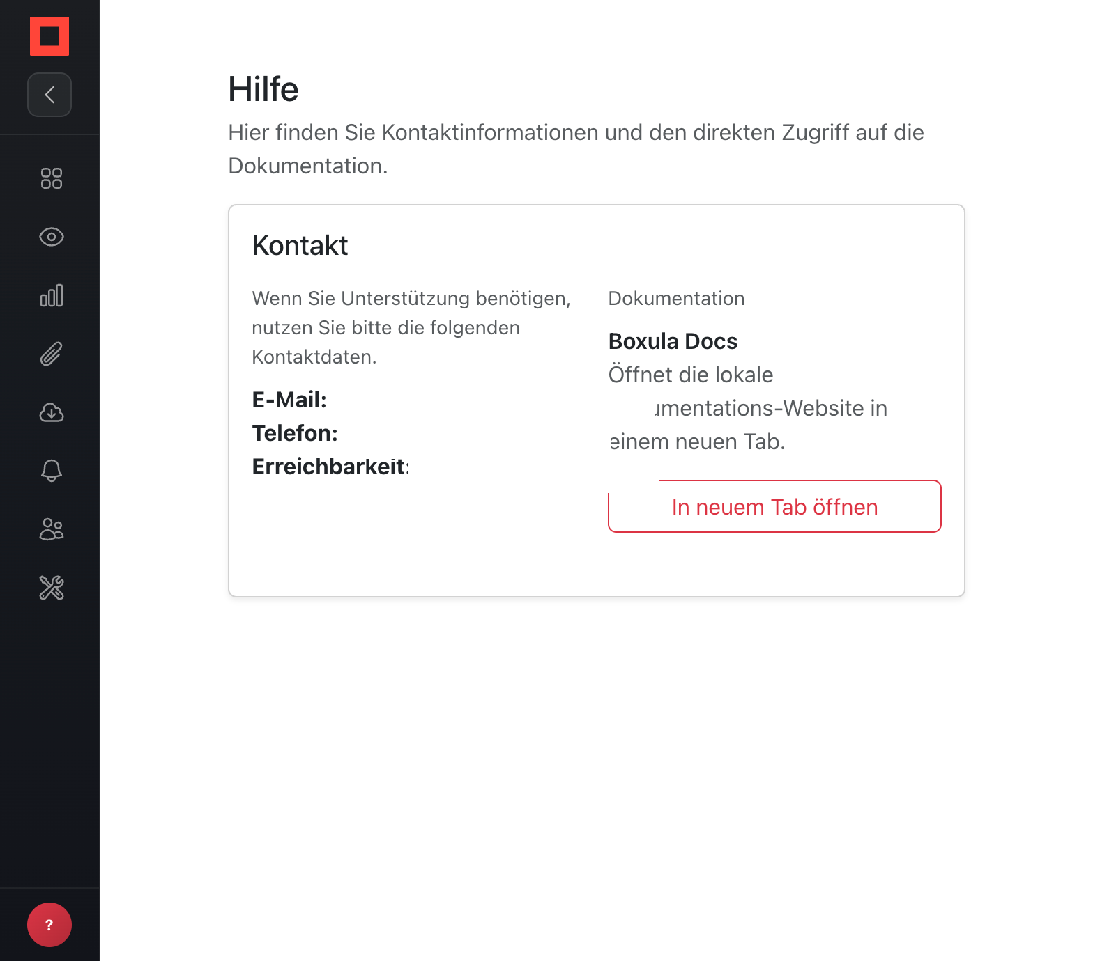 Hilfeseite mit Kontakt- und Dokumentationsbereichen